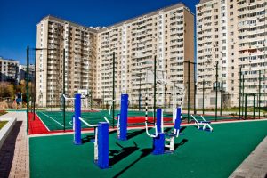 Playground with sport fitness equipment in the yard