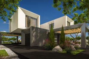 3d rendering of modern cozy house in the garden with garage for sale or rent with beautiful pool in the yard. Clear sunny summer day with blue sky.